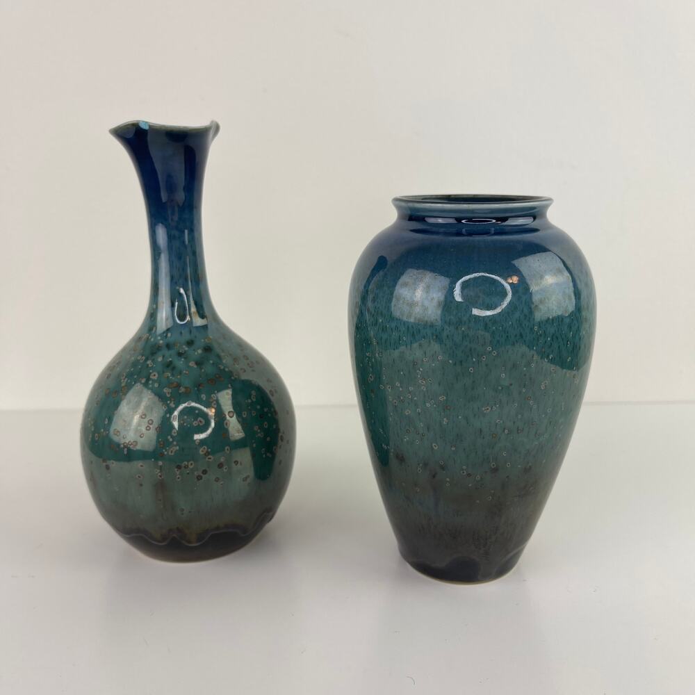 Set of 2 Ombre Mini Tulip Bud Vases Green Teal Art Home Decor Pottery